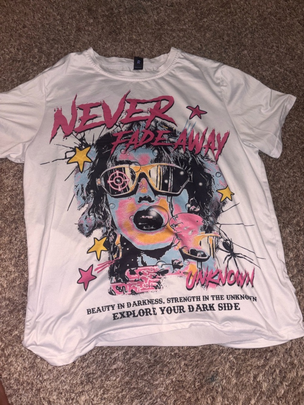 Never Fade Away Graphic Tee - White with Pink & Yellow Art